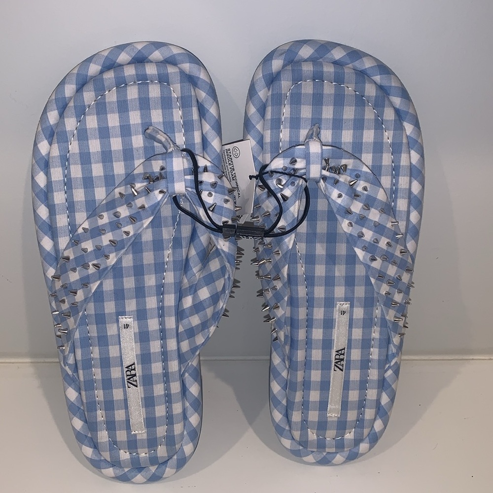 Zara Gingham Studded Flip Flops Sandals - Picture 6 of 12